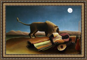 Henri Gervex Framed Paintings - The Sleeping Gypsy by Henri Rousseau