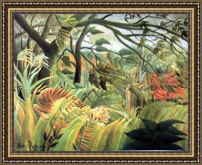 Storm Framed Paintings - tiger in a tropical storm by Henri Rousseau