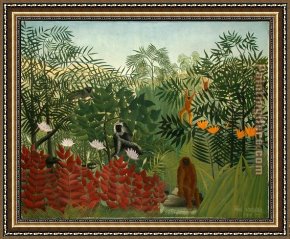 Abbey in an Oak Forest Framed Paintings - Tropical Forest with Monkeys by Henri Rousseau