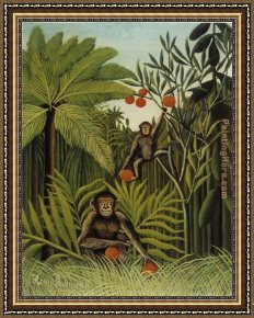 Henri Gervex Framed Paintings - Two Monkeys in the Jungle by Henri Rousseau