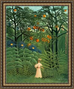 Woman with a Parasol 1 Framed Paintings - Woman Walking in an Exotic Forest by Henri Rousseau