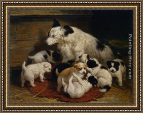 Puppies Framed Paintings - A dog and her puppies by Henriette Ronner-Knip