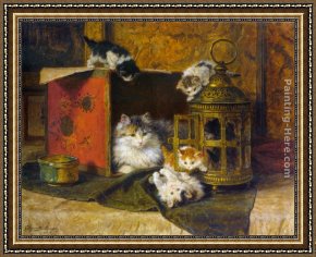 Spirit of The Dead Watching Framed Paintings - A Mother Cat Watching Her Kittens Playing by Henriette Ronner-Knip