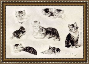 Color Study of Squares Framed Paintings - A Study Of Cats Drinking, Sleeping And Playing by Henriette Ronner-Knip
