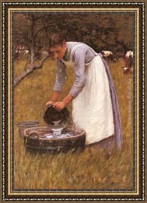 Calves Watering Framed Paintings - Watering the Cows by Henry Herbert La Thangue