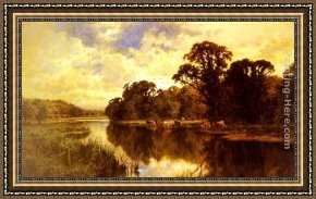 Cattle in a Pasture Framed Paintings - Cattle Watering on a Riverbank by Henry Hillier Parker
