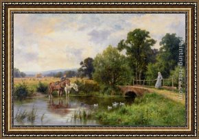 Calves Watering Framed Paintings - Watering the Horses by Henry Hillier Parker
