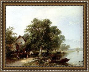 A River Landscape in Springtime Framed Paintings - River Landscape With Figures Loading A Boat by Henry John Boddington