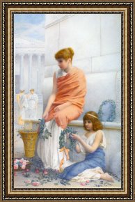 Making Framed Paintings - A Woman and Child Making Wreaths by Henry Ryland