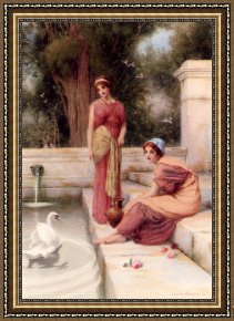 Classical Framed Paintings - Two Classical Maidens And A Swan by Henry Ryland