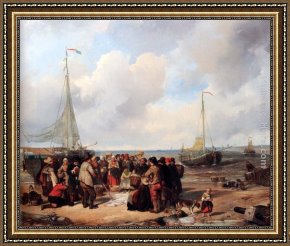 Seashore at Scheveningen Framed Paintings - De afschlag van visch aan het strand te Scheveningen a fish auction on the beach by Herman Frederik Carel ten Kate