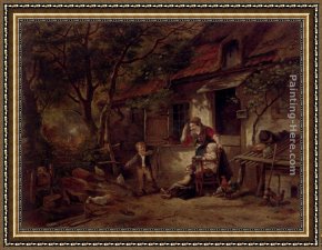 Ponies, a Calf And Poultry in a Farmyard Framed Paintings - The Farmyard Thief by Herman Frederik Carel ten Kate