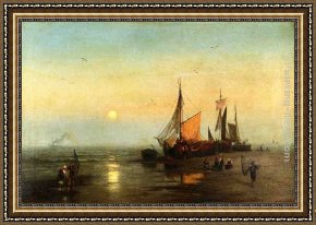 Moonlit Fishing Scene Framed Paintings - Moonlit Fishing Scene by Herman Herzog