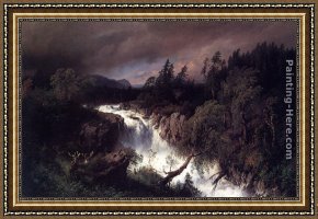 Landscape with Waterfall Framed Paintings - Mountain Landscape and Waterfall by Herman Herzog