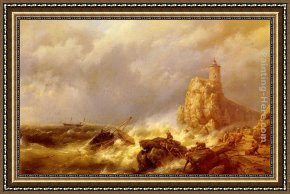 Shipwreck Framed Paintings - A Shipwreck In Stormy Seas by Hermanus Koekkoek Snr