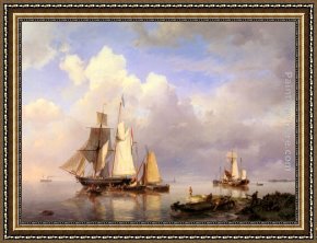 Anchored Boats - Portofino Framed Paintings - Vessels at Anchor in an Estuary with Fisherman hauling up their rowing boat in the Foreground by Hermanus Koekkoek Snr