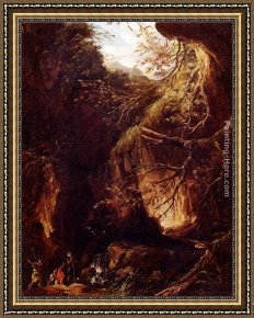 Landscape with Waterfall Framed Paintings - Figures By A Waterfall In A Wooded Landscape by Hubert Robert