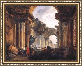Louvre Framed Paintings - Imaginary View of the Grande Galerie in the Louvre in Ruins by Hubert Robert
