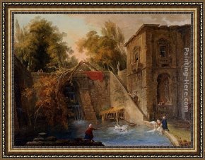 Hubert Robert Framed Paintings - "L'arbre Brise" by Hubert Robert