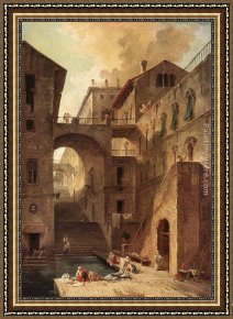 Hubert Robert Framed Paintings - Washerwomen by Hubert Robert