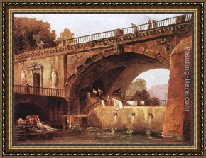 Hubert Robert Framed Paintings - Washerwomen below a Bridge by Hubert Robert