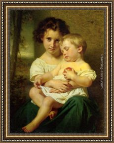 Jeune Bergere Debout Framed Paintings - Jeune fille tenant un enfant endormi by Hughes Merle