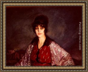 Flores Framed Paintings - Retrato De Lola Con Vestido De Flores Blancas by Ignacio Zuloaga y Zabaleta