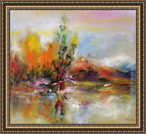 An Autumn Landscape with Cows Near a Stream Framed Paintings - Autumn Landscape by Ioan Popei
