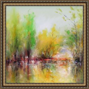 An Autumn Landscape with Cows Near a Stream Framed Paintings - Autumn Landscape I by Ioan Popei