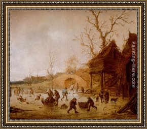 A Winter Landscape with Skaters Near a Village Framed Paintings - A Winter Landscape With Skaters, Children Playing Kolf And Figures With Sledges On The Ice Near A Bridge by Isack van Ostade