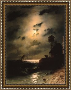 Moonlit Fishing Scene Framed Paintings - Moonlit Seascape With Shipwreck by Ivan Constantinovich Aivazovsky