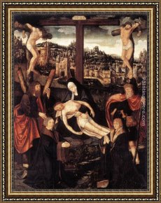 Crucifixion Framed Paintings - Crucifixion with Donors and Saints by Jacob Cornelisz Van Oostsanen