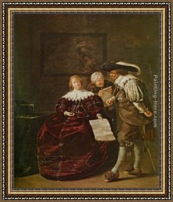Presenting Framed Paintings - The contract - A lady presenting a letter to a gentleman and an old lady studying another in an interior by Jacob Duck