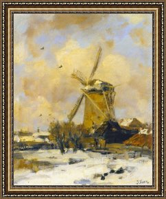 Jacob Jordaens Framed Paintings - A Windmill in a Winter Landscape by Jacob Henricus Maris