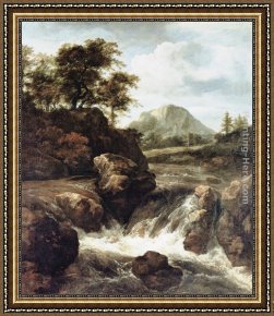 Waterfall Framed Paintings - A Waterfall by Jacob van Ruisdael
