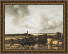 Ruisdael Framed Paintings - Landscape with Church and Ruined Castle by Jacob van Ruisdael