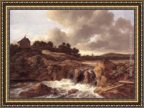 Landscape with Waterfall Framed Paintings - Landscape with Waterfall by Jacob van Ruisdael