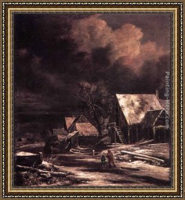 Ruisdael Framed Paintings - Village at Winter at Moonlight by Jacob van Ruisdael
