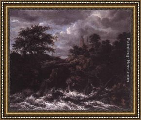 Waterfall Framed Paintings - Waterfall by a Church by Jacob van Ruisdael