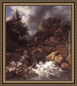 Landscape with Waterfall Framed Paintings - Waterfall in a Mountainous Northern Landscape by Jacob van Ruisdael