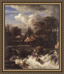 Landscape with Waterfall Framed Paintings - Waterfall in a Rocky Landscape by Jacob van Ruisdael