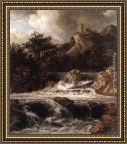 Waterfall Framed Paintings - Waterfall with Castle Built on the Rock by Jacob van Ruisdael