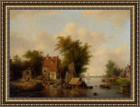Julius Jacobus Van De Sande Bakhuyzen Framed Paintings - A river landscape with many figures by a village by Jacobus Van Der Stok