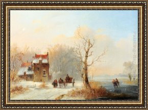 Julius Jacobus Van De Sande Bakhuyzen Framed Paintings - A Winter Landscape With Skaters On A Frozen waterway And A Horse-drawn Cart On A Snow-covered Track by Jacobus Van Der Stok