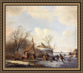 Julius Jacobus Van De Sande Bakhuyzen Framed Paintings - Figures on the Ice by Jacobus Van Der Stok