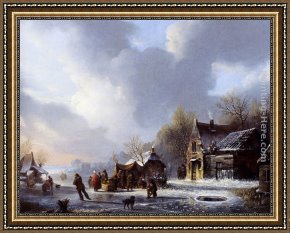 Julius Jacobus Van De Sande Bakhuyzen Framed Paintings - Skaters On A Frozen River Near A 'Koek En Zopie' by Jacobus Van Der Stok