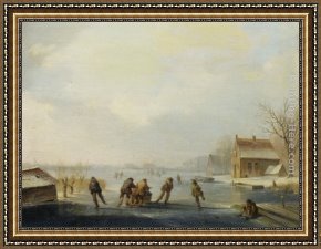 Julius Jacobus Van De Sande Bakhuyzen Framed Paintings - Skaters on a frozen waterway by Jacobus Van Der Stok