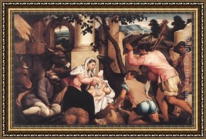Shepherd Framed Paintings - Adoration of the Shepherds by Jacopo Bassano
