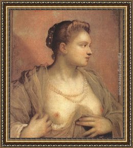 Portrait of a Woman Framed Paintings - Portrait of a Woman Revealing her Breasts by Jacopo Robusti Tintoretto