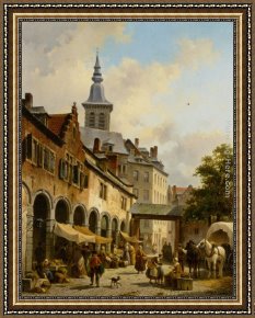 Out on The Town Framed Paintings - A Busy Market on a Town Square by Jacques Carabain